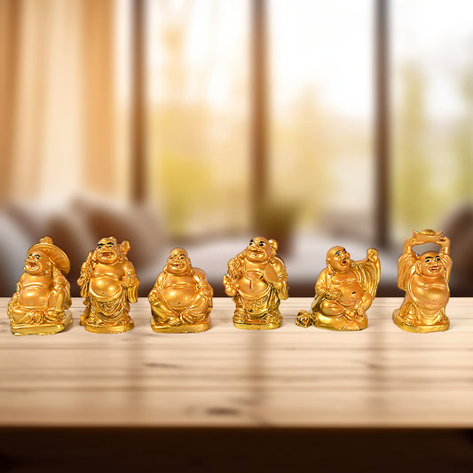 Golden Laughing Buddha Figurines, Set of 6 Unique Poses, 26 cm, Antique Gold