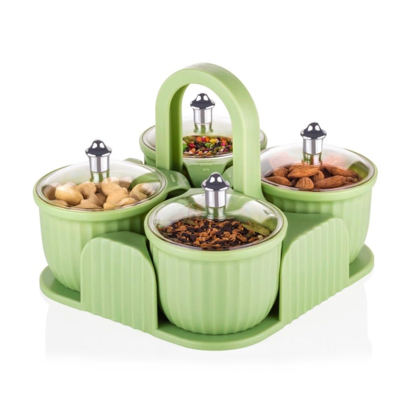 4-Piece Dry Fruit Storage Container Set with Carrier, Plastic Jars with Lids, 19 x 17 x 10 cm