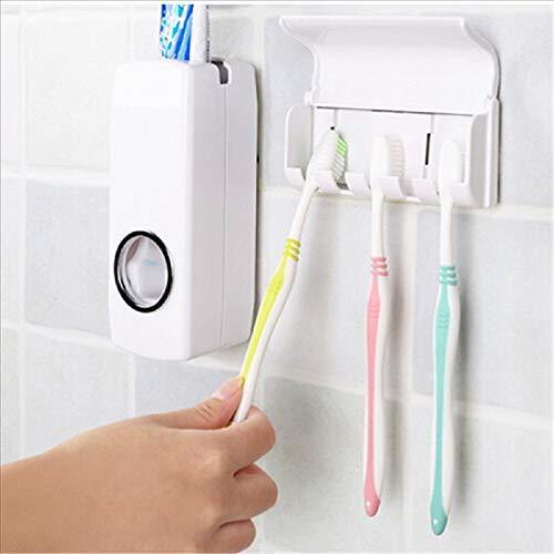 Automatic Toothpaste Dispenser and 5-Slot Toothbrush Holder Set, Wall Mount
