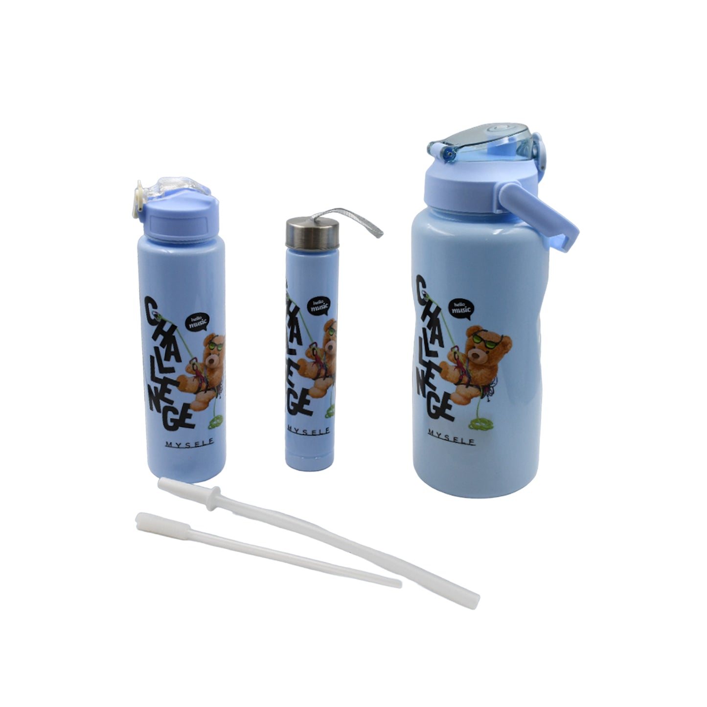 Cartoon Design Water Bottle Set, 3 Pieces, BPA-Free Plastic, Different Sizes, Blue Color with Bear Print, for School, Office, Sports