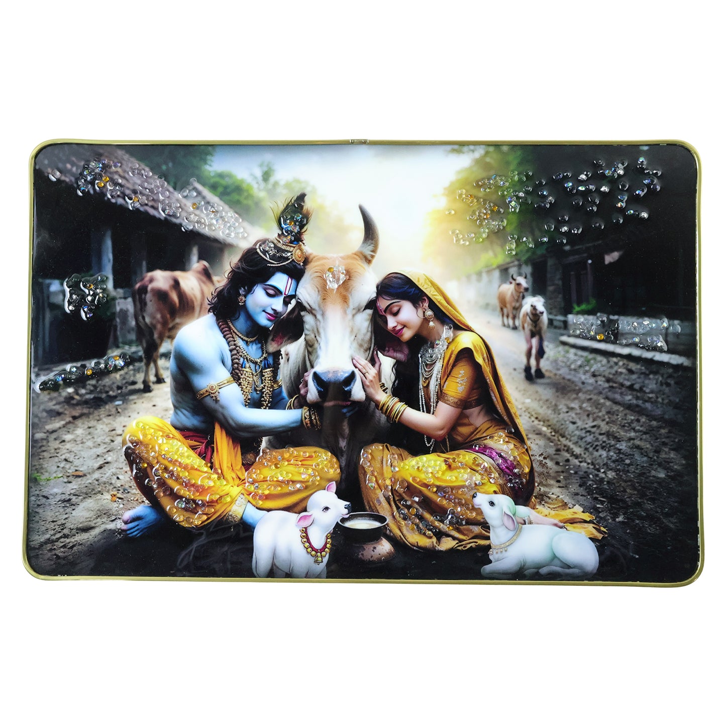 Peaceful Radha Krishna Village Scene Wall Art Frame (1 Pc 45x30 Cm)