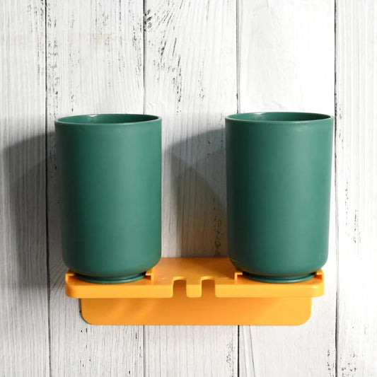 Bathroom Toothbrush Holder Set with 2 Cups and Wall Mount Stand, Green and Yellow, 17 cm x 7 cm x 15 cm