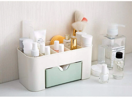 Plastic Cosmetic Storage Organiser Box with Drawer, 22 cm x 11 cm x 11 cm, White and Mint Green, for Makeup and Beauty Products