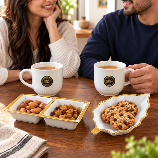 Tea And Snacks Serving Set With Cups Divided Bowl And Leaf Platter (4 Pc Set)