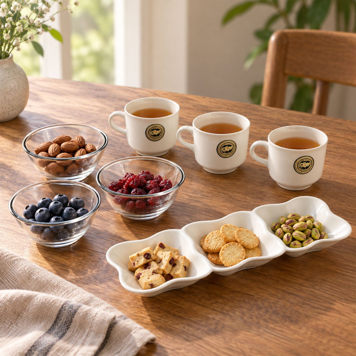 Snack Serving Gift Set With Cups Bowls And Divided Platter (7 Pc Set)