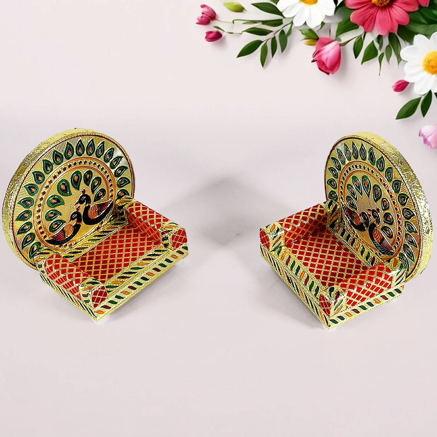 Meenakari Wooden Laddu Gopal Singhasan for Pooja Mandir | Handcrafted Decorative Krishna Sofa Asan | Premium Singhasan for Home, Office, Temple Decoration (2 Pc Set)