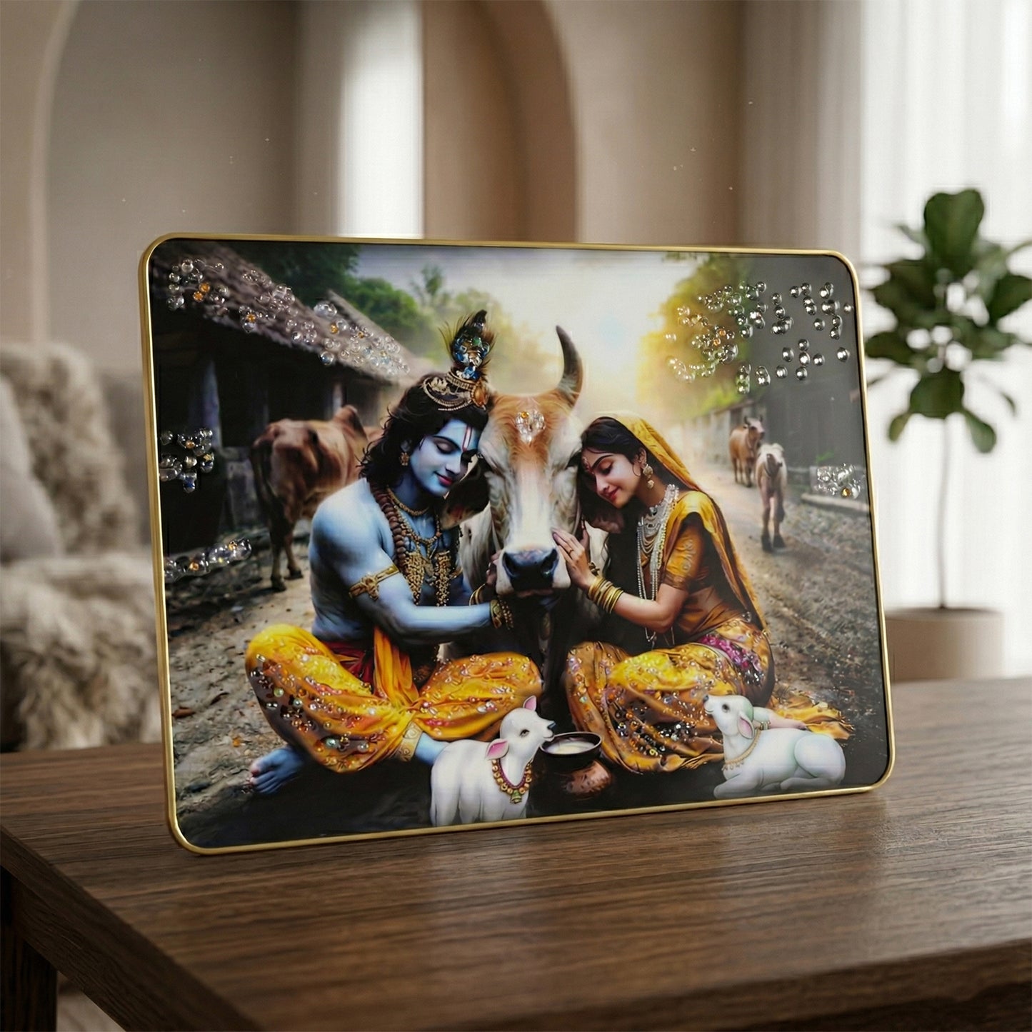 Peaceful Radha Krishna Village Scene Wall Art Frame (1 Pc 45x30 Cm)
