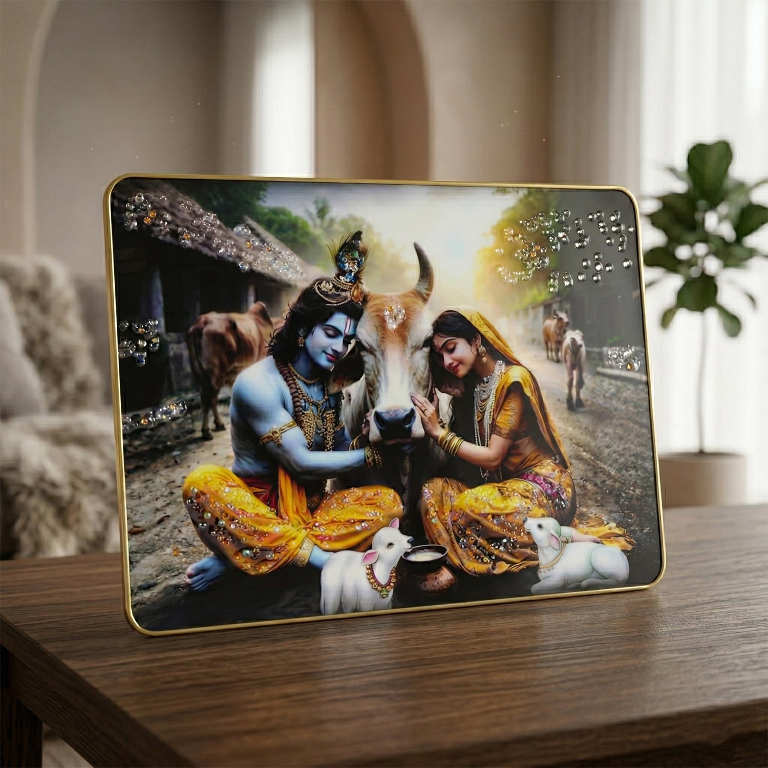 Peaceful Radha Krishna Village Scene Wall Art Frame (1 Pc 45x30 Cm)