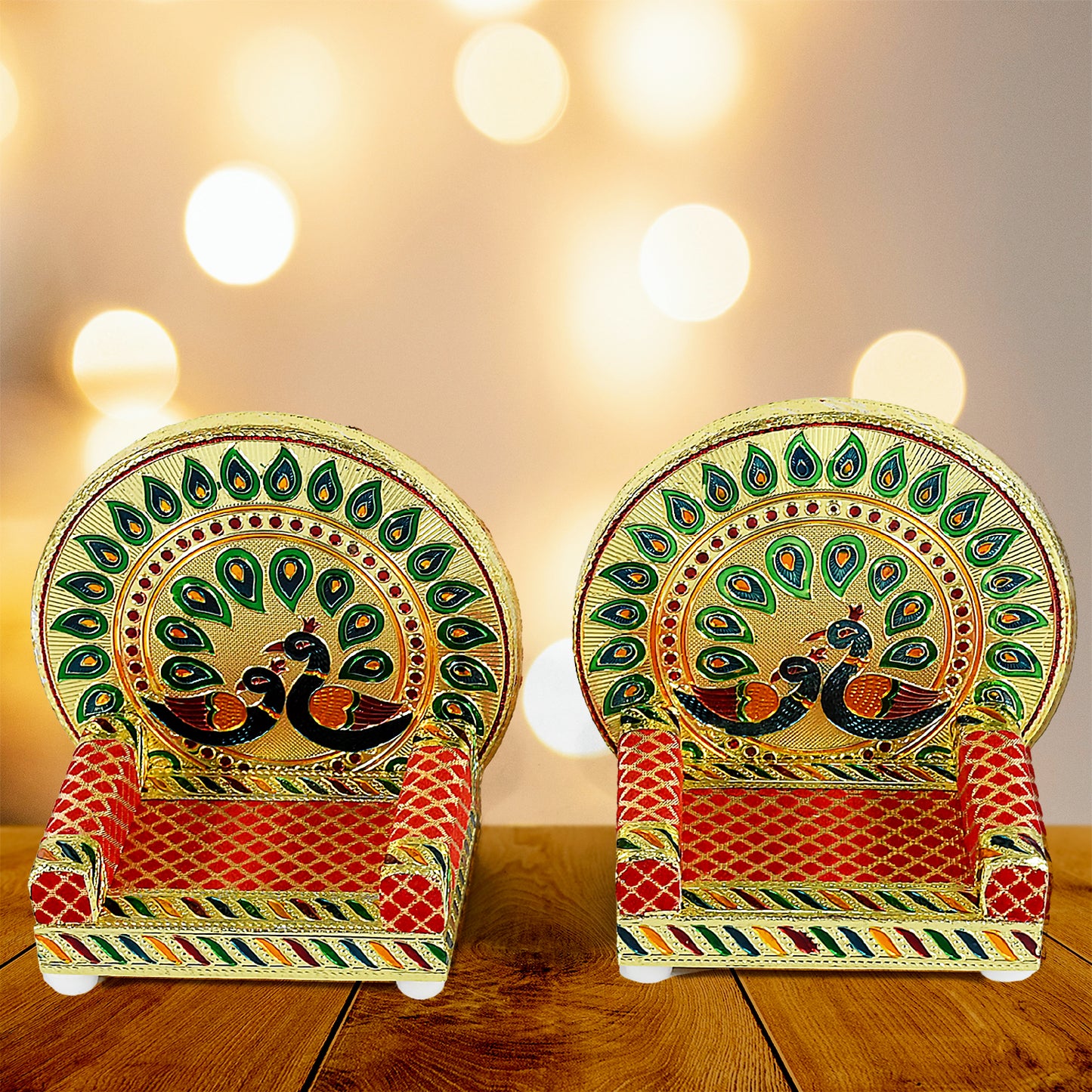 Meenakari Wooden Laddu Gopal Singhasan for Pooja Mandir | Handcrafted Decorative Krishna Sofa Asan | Premium Singhasan for Home, Office, Temple Decoration (2 Pc Set)