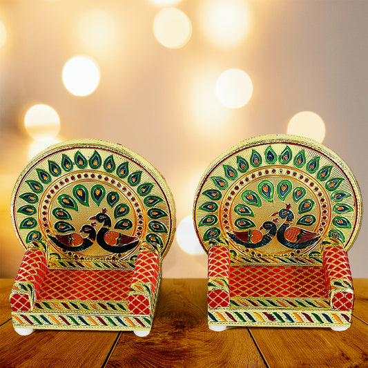 Meenakari Wooden Laddu Gopal Singhasan for Pooja Mandir | Handcrafted Decorative Krishna Sofa Asan | Premium Singhasan for Home, Office, Temple Decoration (2 Pc Set)