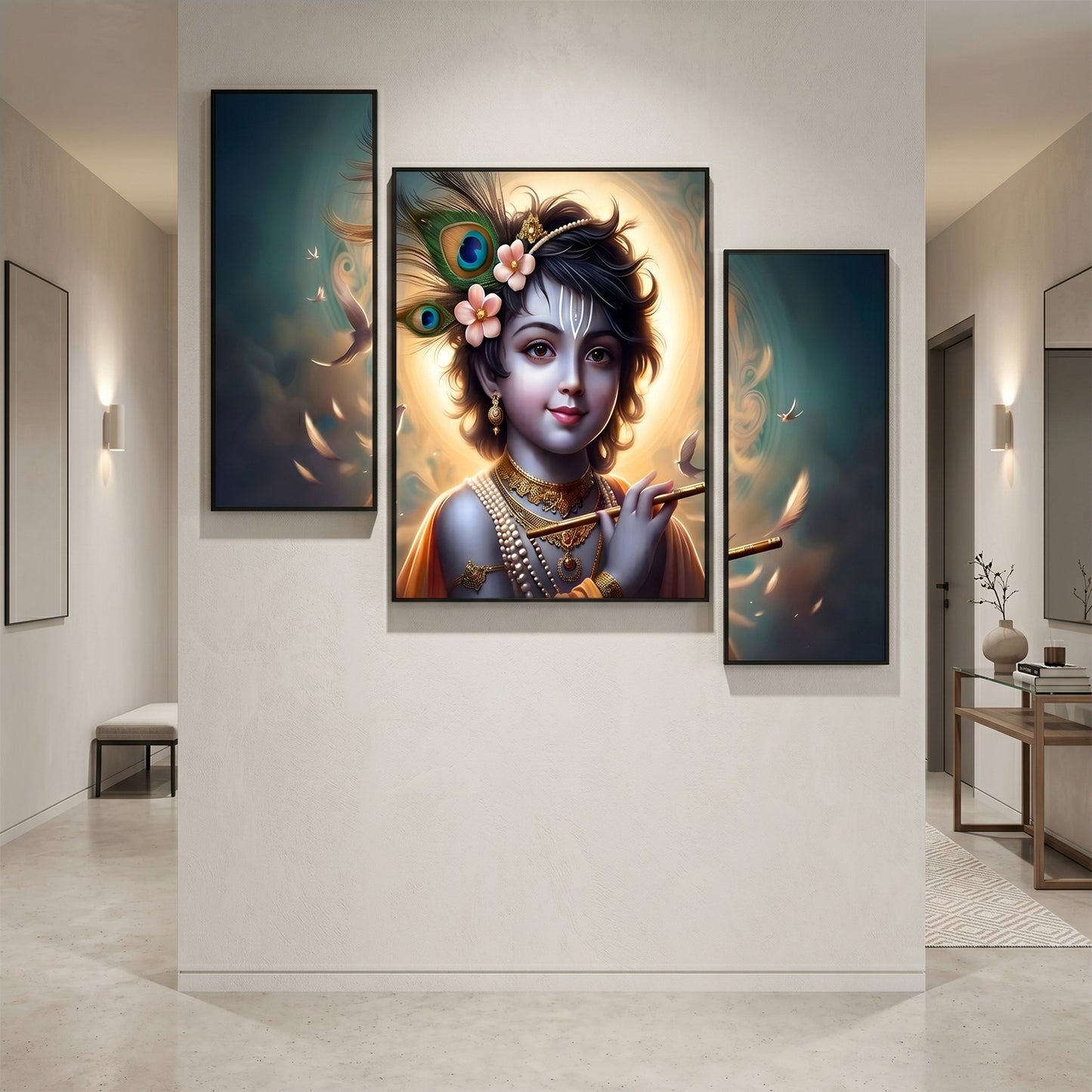 Krishna N Flute 3 Panel Mdf Wall Frame Wall Art Painting 16.5x12in (1 Pc)