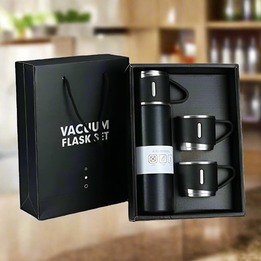 Stainless Steel Vacuum Flask Set with 3 Steel Cups – 500ml