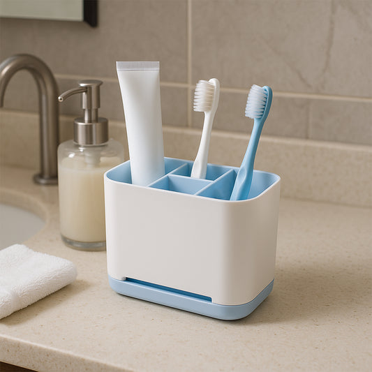 Bathroom Toothbrush Holder Stand, 6 Compartments, Plastic Caddy Organiser with Water Drain, 18 x 10 x 10 cm