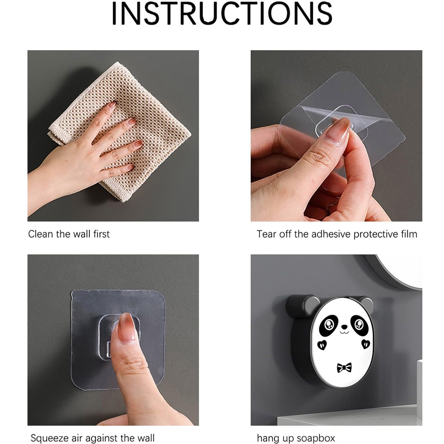 Wall-Mounted Panda Soap Holder, No-Drill Installation, 12 x 12 x 5 cm, Black and White