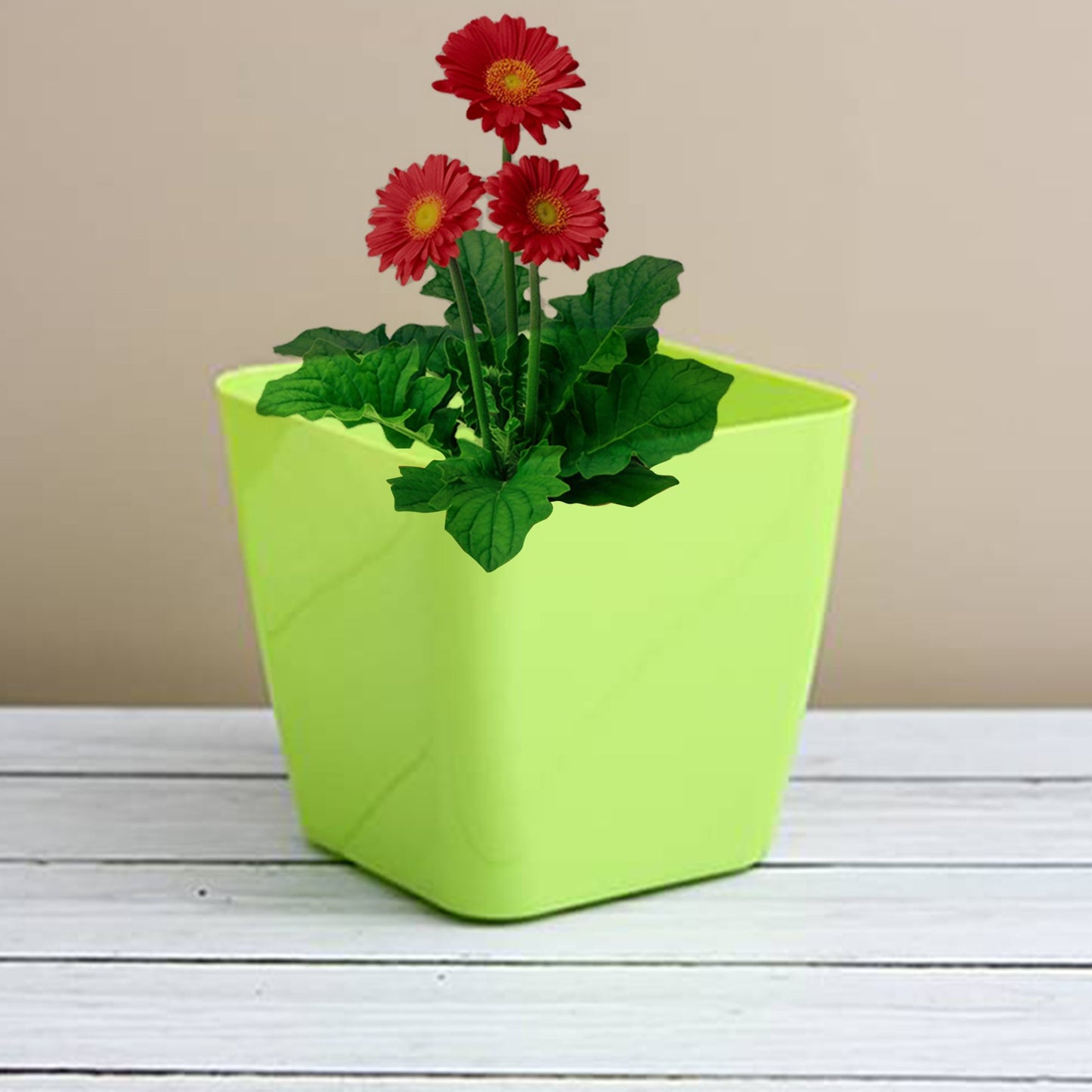 Square Plastic Flower Pot, 13x11x12 cm, Lime Green, Indoor Outdoor Planter with Drainage