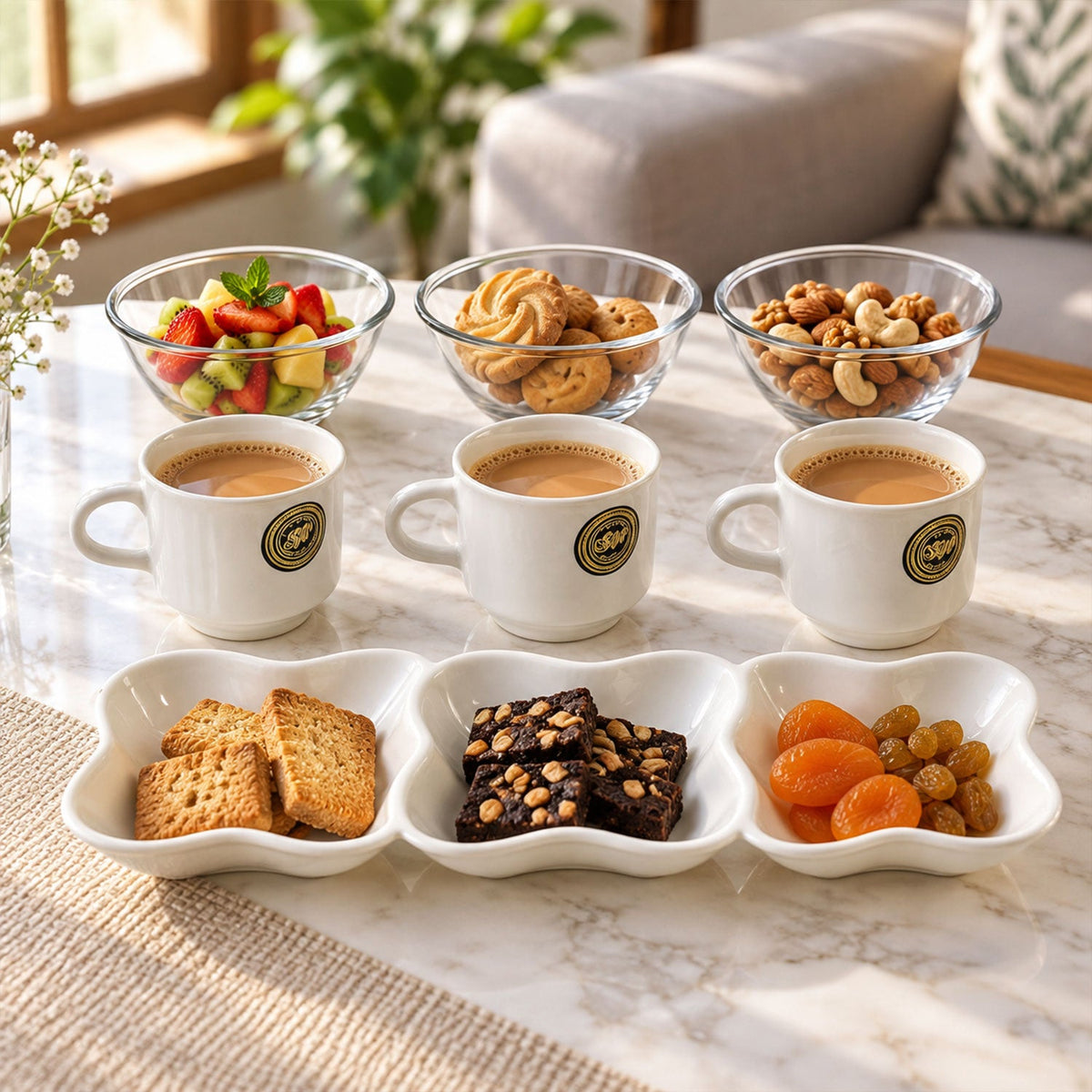 Snack Serving Gift Set With Cups Bowls And Divided Platter (7 Pc Set)