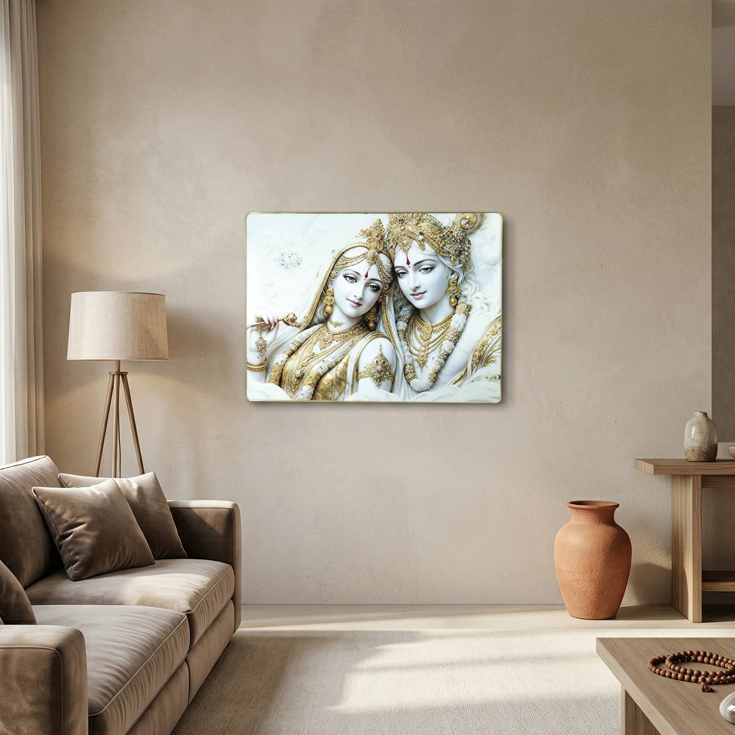 Premium Radha Krishna Royal White Gold Finish Wall Art Frame (1 Pc 60x45 Cm)