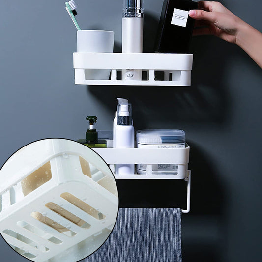Adhesive Wall Mount Bathroom Storage Shelf with Towel Bar, 27 x 11 x 8 cm