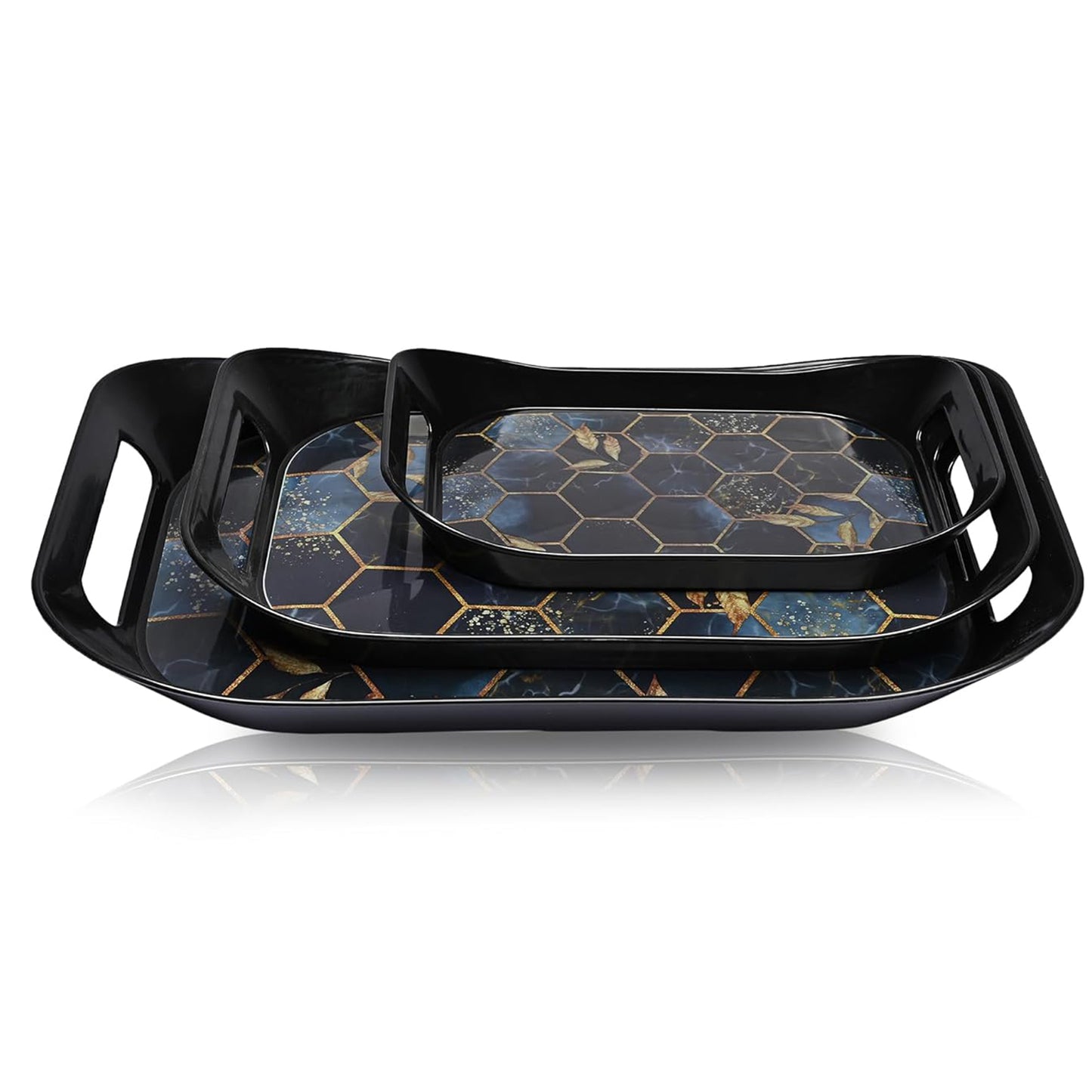 Decorative Serving Tray Set with Hexagonal Pattern, 3-Piece, Black and Gold, 49 cm x 26 cm