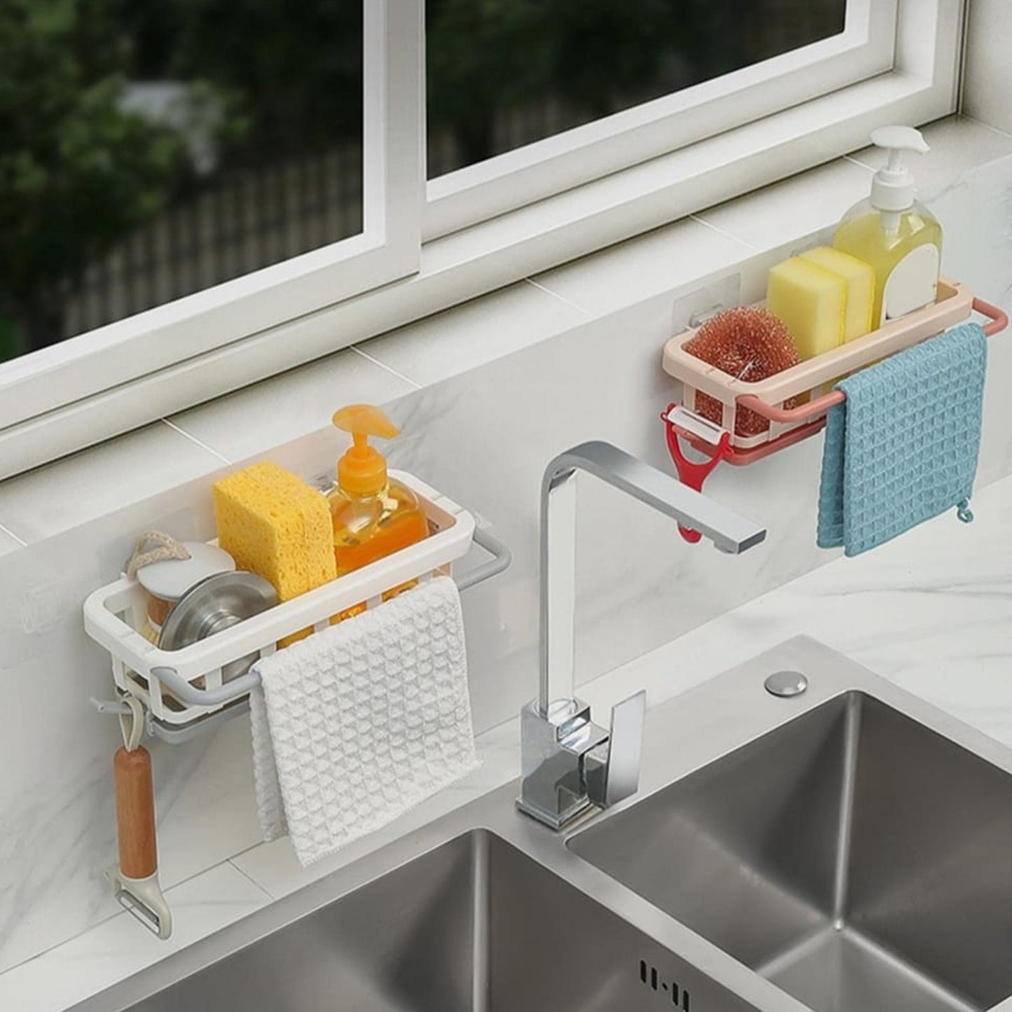 Kitchen Sink Caddy Organiser, Hanging Drain Rack with Adhesive Hook, 26 x 15 x 6 cm, White