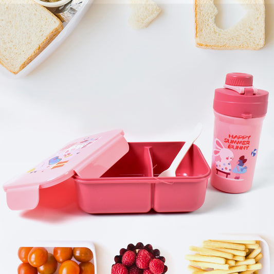 Plastic Lunch Box Combo – Leak-Proof 2-Compartment with Bottle & Fork | Microwave & Freezer Safe | Mix Color (1 Set)