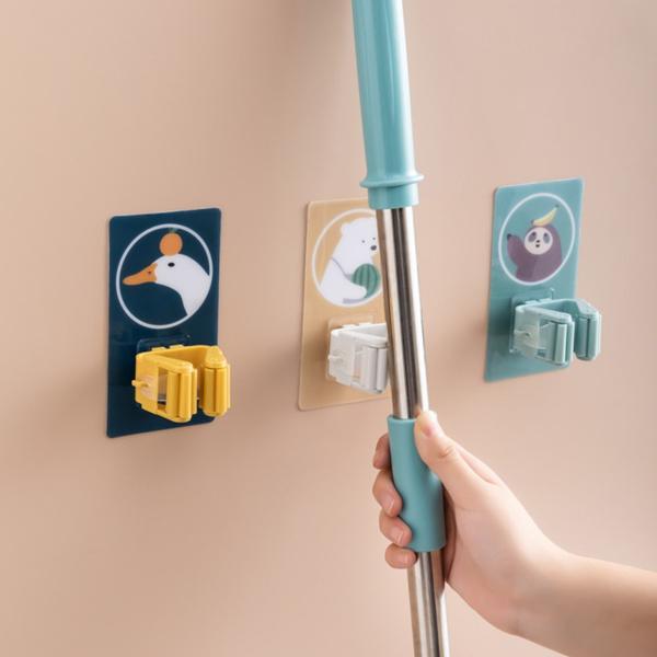 Self-Adhesive Mop and Broom Holder with Cartoon Design, 13 cm x 7 cm, Waterproof Wall Mount
