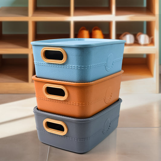Stackable Storage Bins with Handles, 22 x 22 x 28 cm, Faux Leather Finish, Set of 3, Multi-Colour