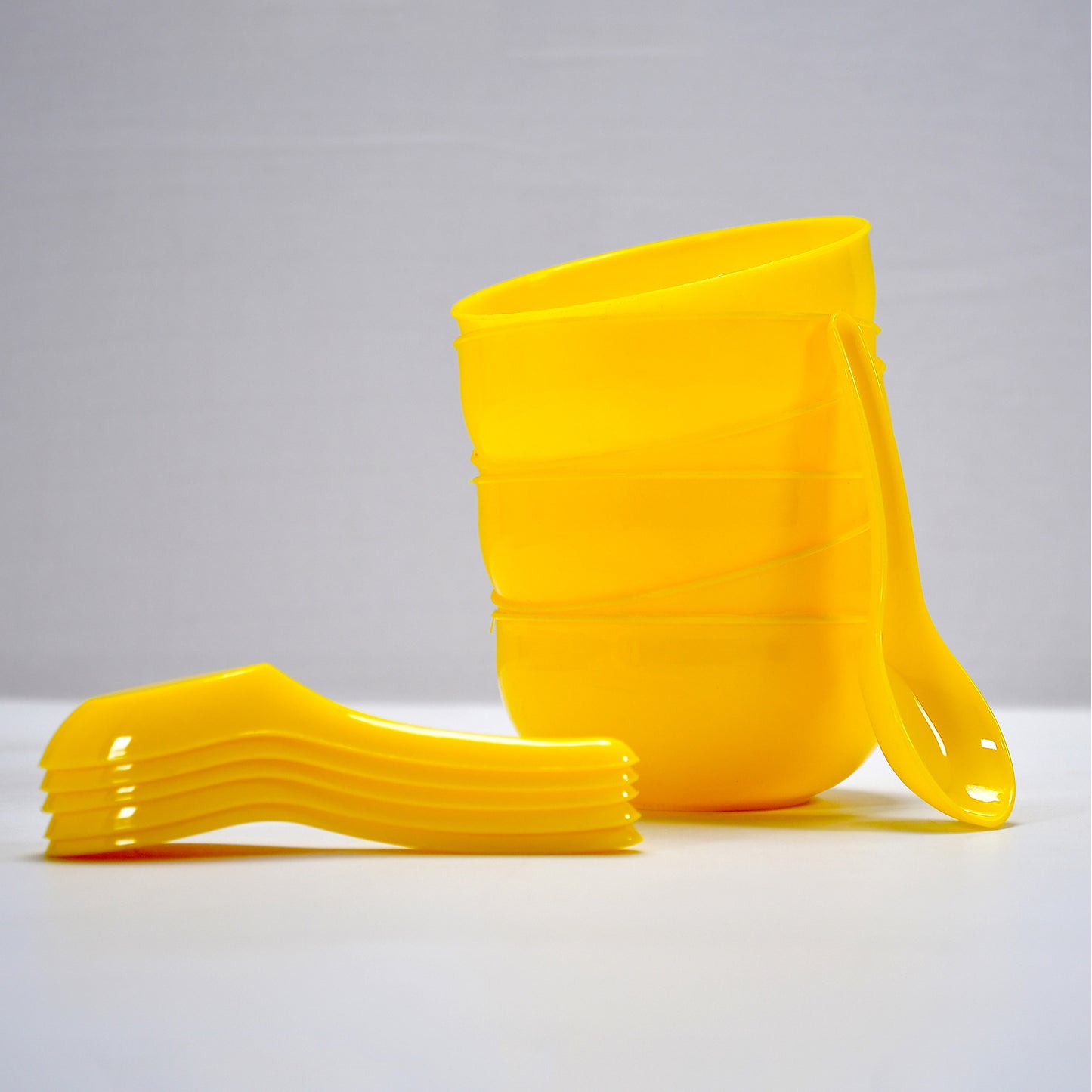 Yellow Plastic Soup Bowl and Spoon Set, 6 Bowls and 6 Spoons, 11 cm, Kitchen and Dining