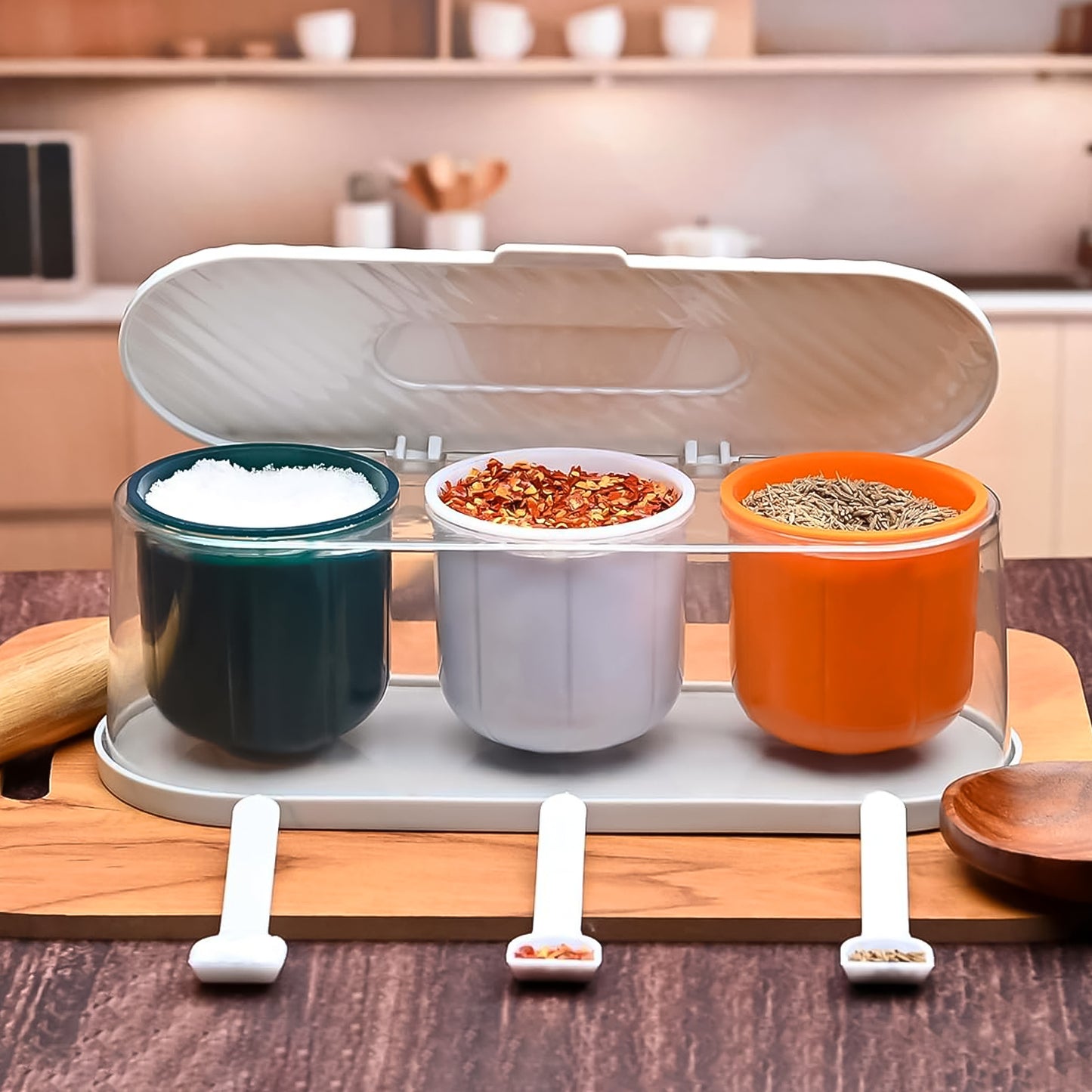 Home Kitchen 3 Grid Seasoning Spice Box Kit with Spoon