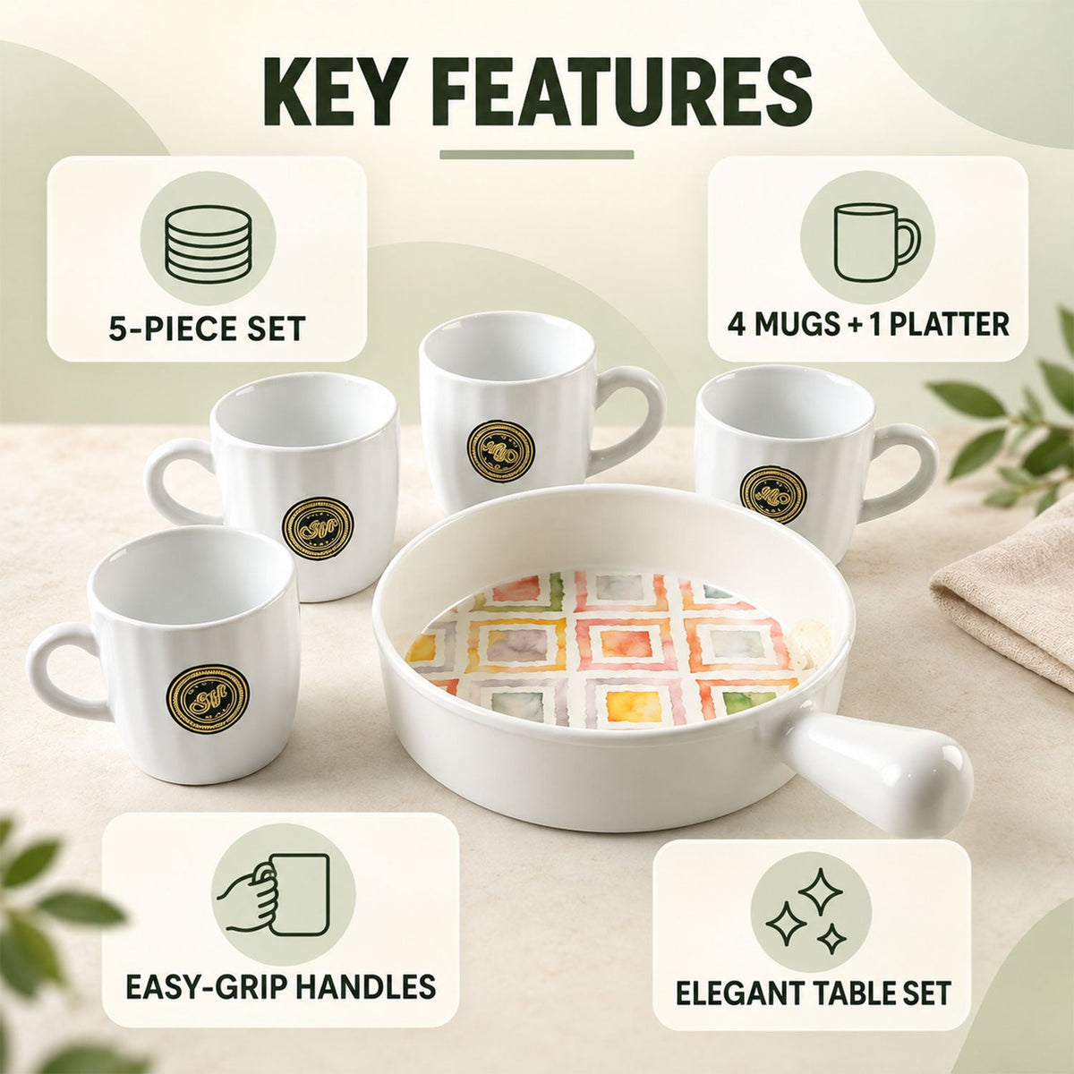Ceramic Cup And Platter Set For Tea Coffee And Snack Serving At Home (5 Pc Set)