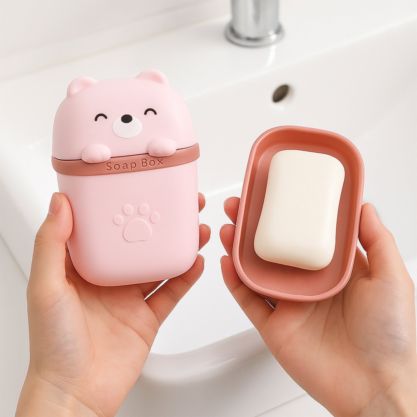 Cute Bear Shaped Soap Case with Draining Tray, Leak-Proof Travel Soap Box, 16 cm x 13 cm x 4 cm