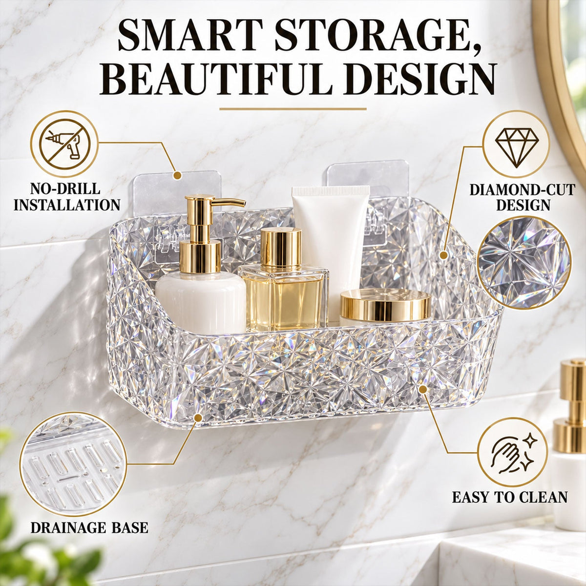 Diamond Design Bathroom Wall Rack For Toiletries And Cosmetic Storage (1 Pc)