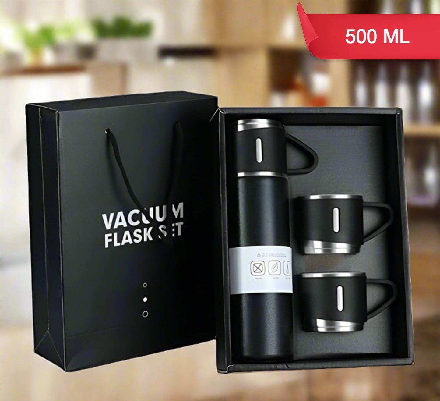Stainless Steel Vacuum Flask Set with 3 Steel Cups – 500ml