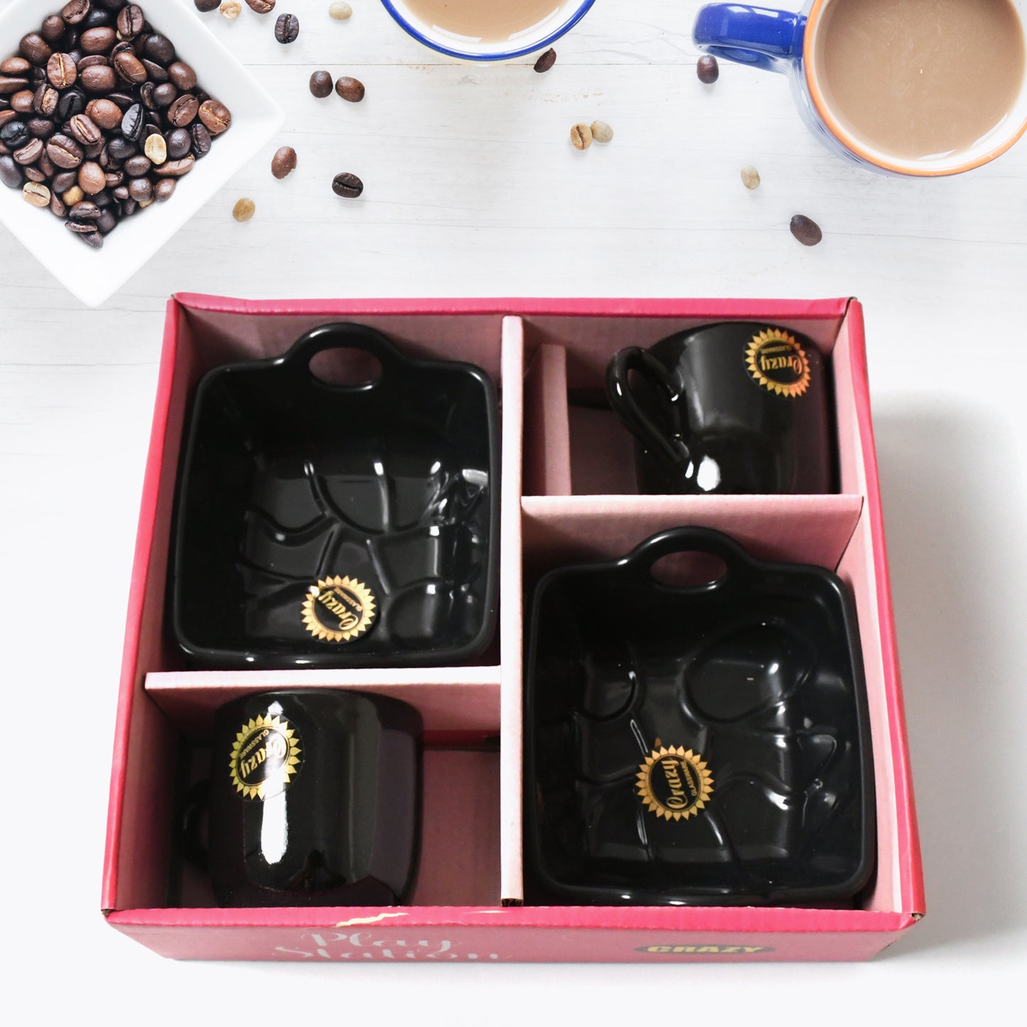 Ceramic Tea/Cups/Mug Set – 4 Pcs Set with Handle Serving Bowl
