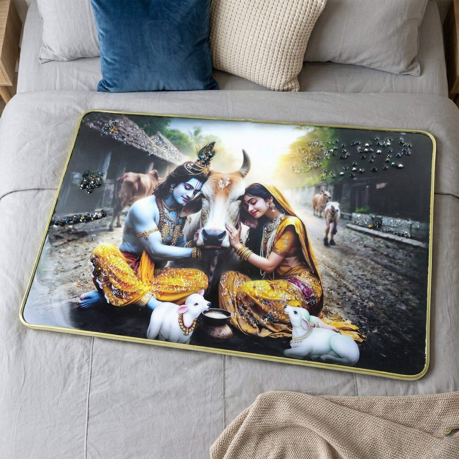 Peaceful Radha Krishna Village Scene Wall Art Frame (1 Pc 45x30 Cm)