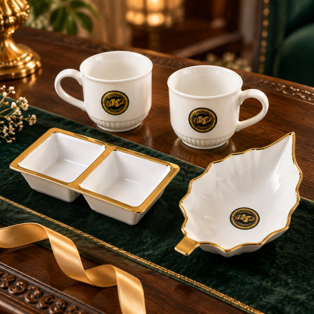 Tea And Snacks Serving Set With Cups Divided Bowl And Leaf Platter (4 Pc Set)