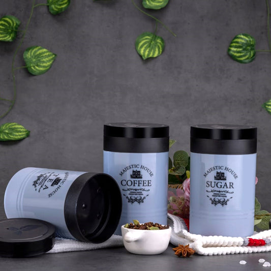 Airtight Kitchen Storage Containers Set, Tea Coffee Sugar Canisters, 3 Pieces, Black Lid, 34 cm x 15 cm