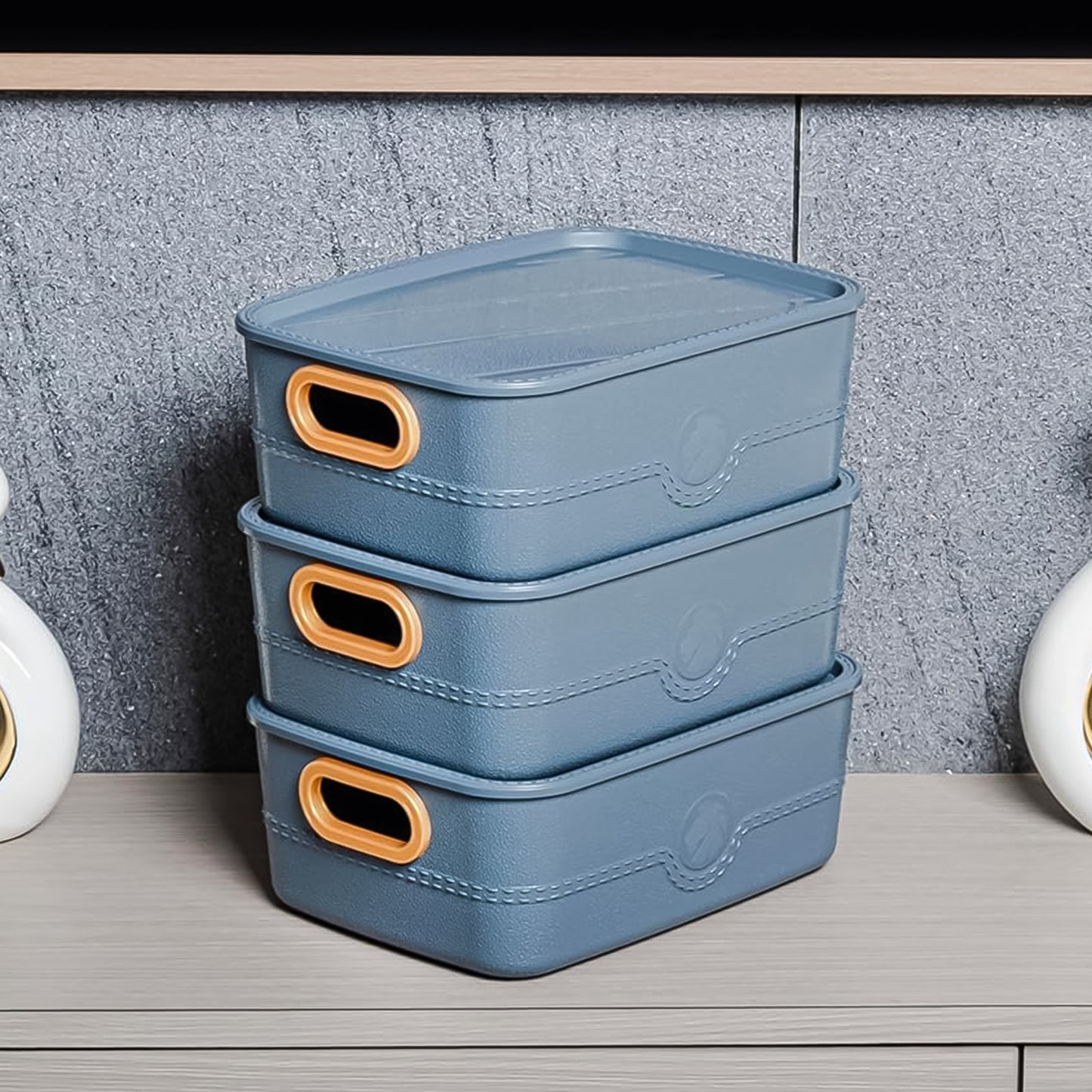 Stackable Storage Bins with Handles, 22 x 22 x 28 cm, Faux Leather Finish, Set of 3, Multi-Colour