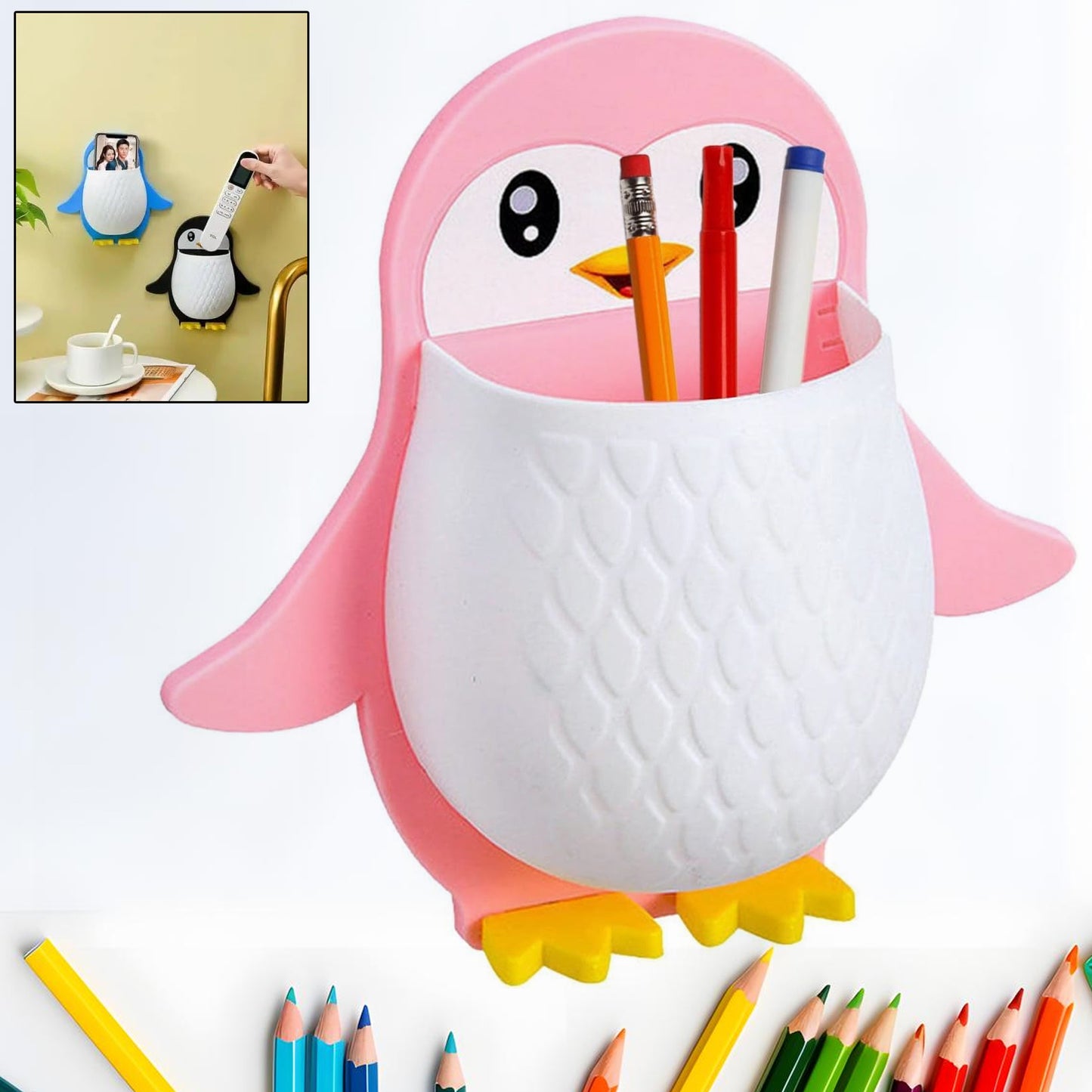 Penguin Wall Mount Storage Box – Self-Adhesive Remote Holder, Toothbrush & Controller Organizer, Plastic Wall Nightstand for Bedroom, Office, Bathroom, Kitchen (1 Pc)