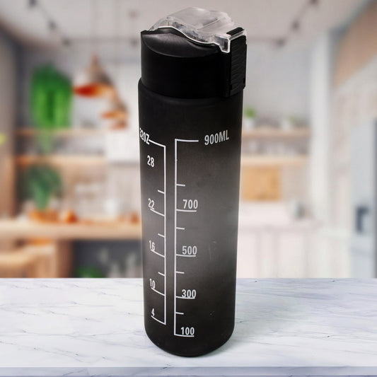 Motivational Water Bottle with Time Marker, 900ml, Black Tritan, Leak-proof Sports Bottle with Straw