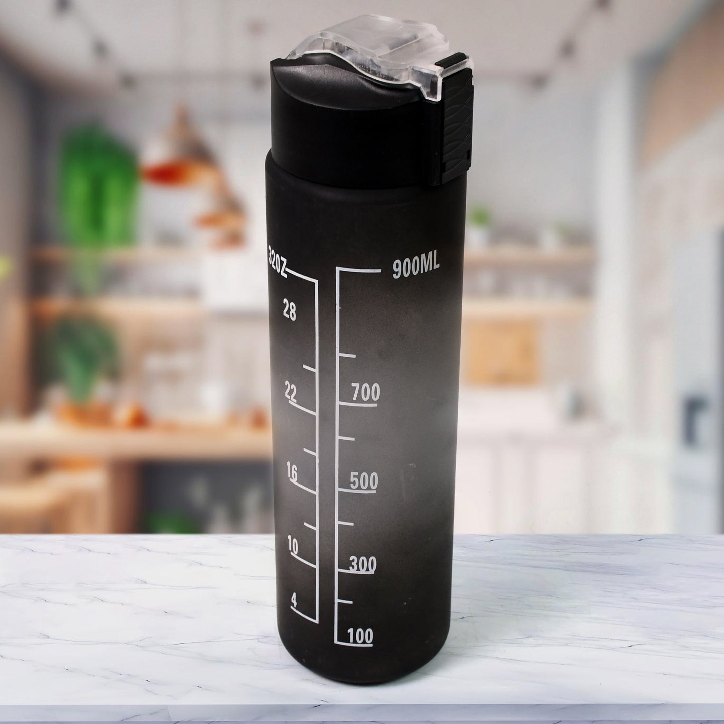 Motivational Water Bottle with Time Marker, 900ml, Black Tritan, Leak-proof Sports Bottle with Straw