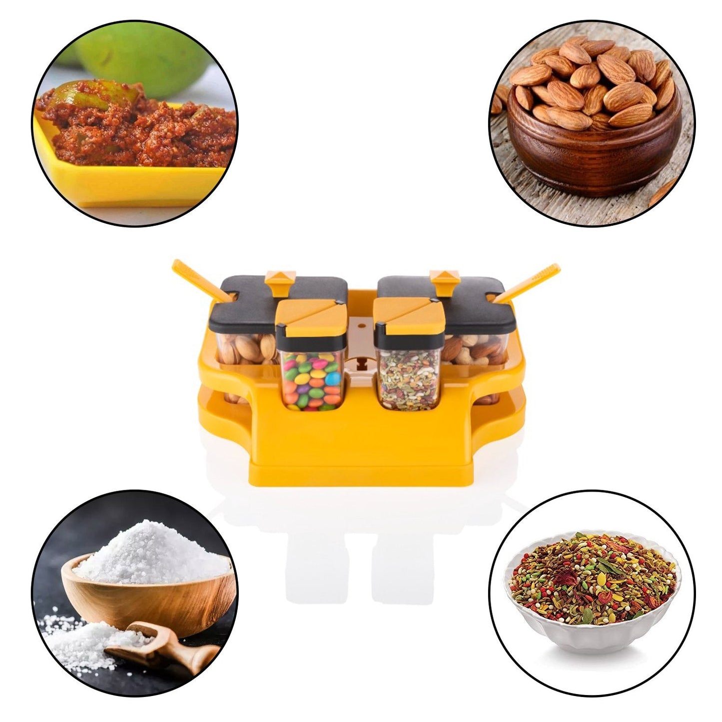 Multipurpose 4-Piece Spice & Achar Jar Container with Spoon & Tray Holder