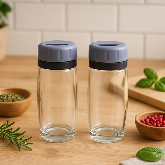 Acrylic Salt and Pepper Shaker Set, 2-Piece, Clear Glass with Grey Flip-Top Lids, 11 cm