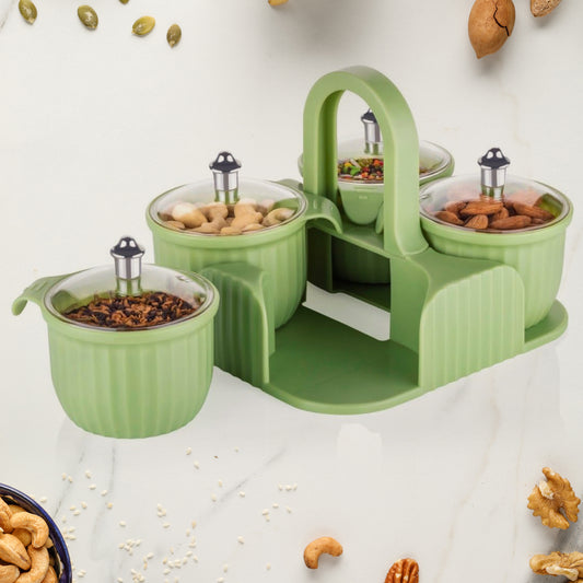 4-Piece Dry Fruit Storage Container Set with Carrier, Plastic Jars with Lids, 19 x 17 x 10 cm