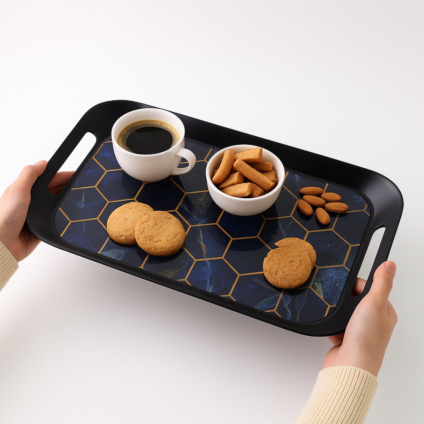 Decorative Serving Tray Set with Hexagonal Pattern, 3-Piece, Black and Gold, 49 cm x 26 cm
