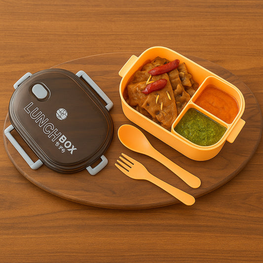 Premium Lunch Box with 3 Compartments, 22 cm x 16 cm, Leak-Proof, Microwave Safe, BPA-Free, with Spoon and Fork