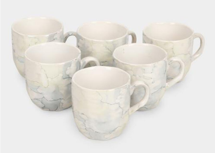 Stoneware Ceramic Mug Set, 120 ml, White with Subtle Marble Texture, Marble Pattern, for Coffee, Tea and Espresso, Set of 6