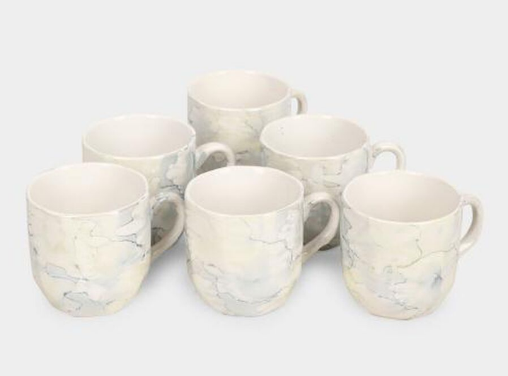 Stoneware Ceramic Mug Set, 120 ml, White with Subtle Marble Texture, Marble Pattern, for Coffee, Tea and Espresso, Set of 6