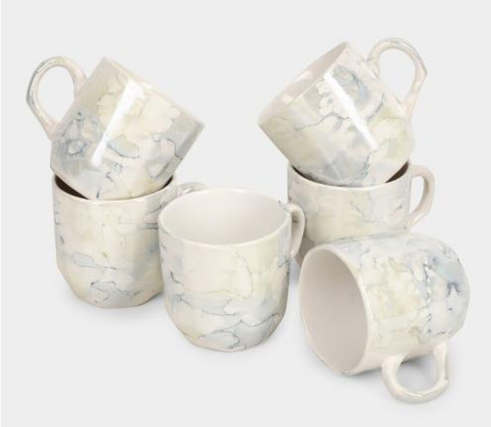 Stoneware Ceramic Mug Set, 120 ml, White with Subtle Marble Texture, Marble Pattern, for Coffee, Tea and Espresso, Set of 6