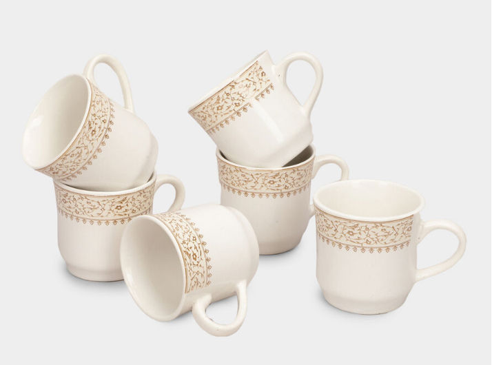 Elegant 120ml White Stoneware Tea Coffee Cup Set of 6 with Floral Pattern, Small Ceramic Style Cups for Tea, Coffee, Espresso, Milk & Beverages, Elegant Kitchen & Tableware